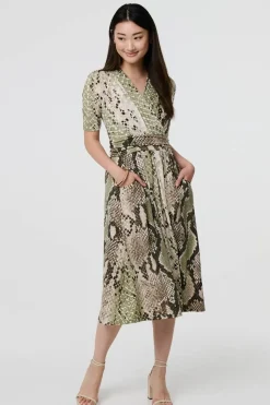 Snake Print 1/2 Sleeve Jersey Midi Dress