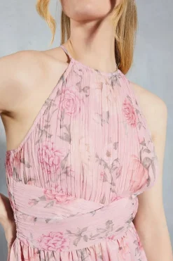 Soft Floral Halter Neck Maxi Bridesmaids Dress