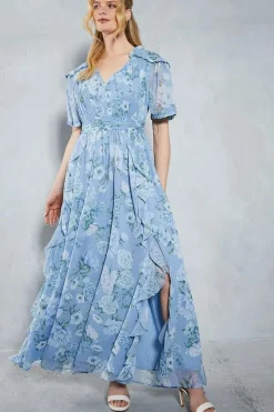 Soft Floral Ruffle Angel Sleeve Maxi Bridesmaids Dress