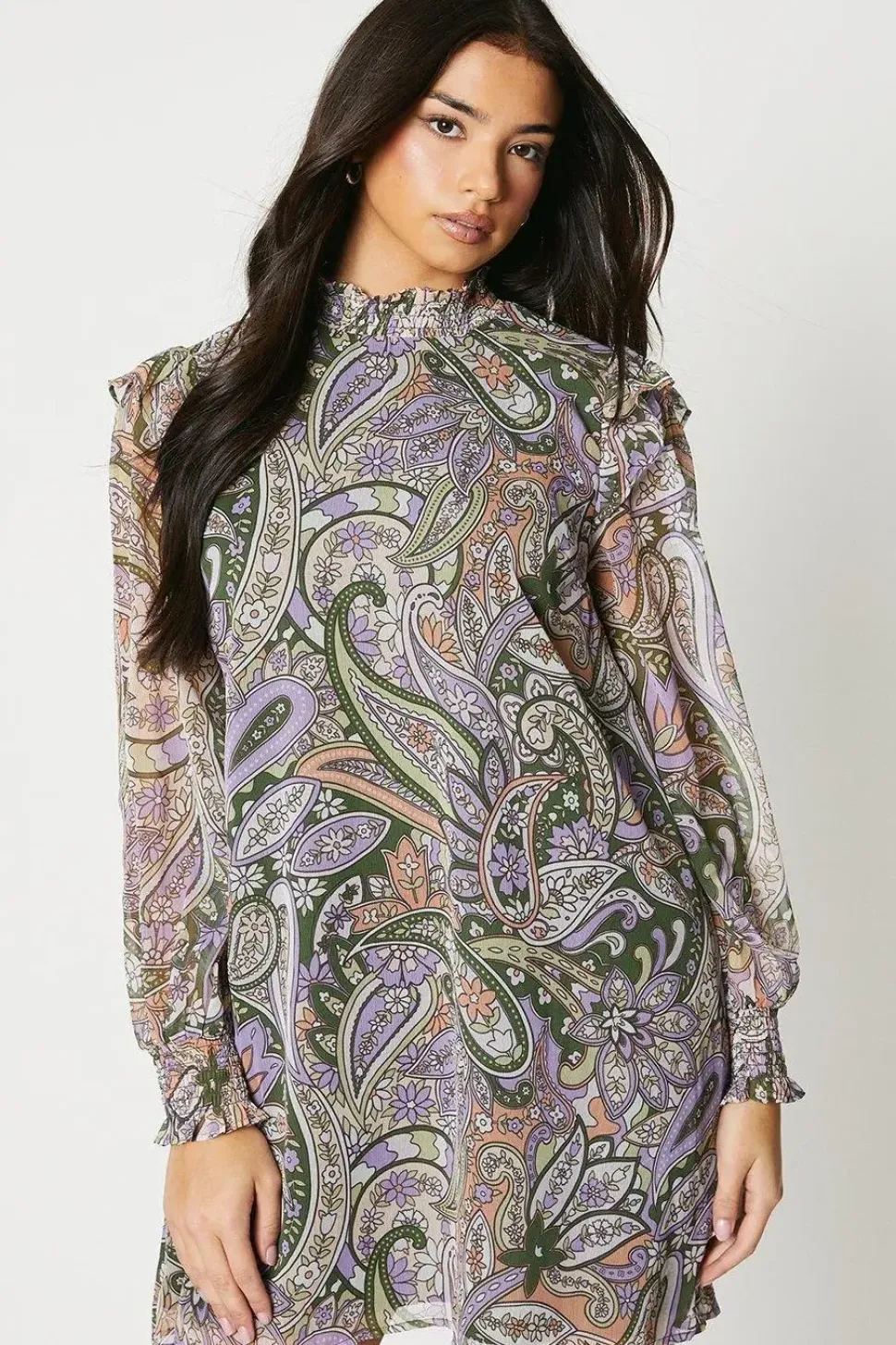 Soft Paisley Ruffle Shoulder Chiffon Mini Dress