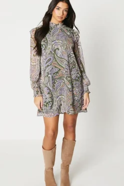 Soft Paisley Ruffle Shoulder Chiffon Mini Dress