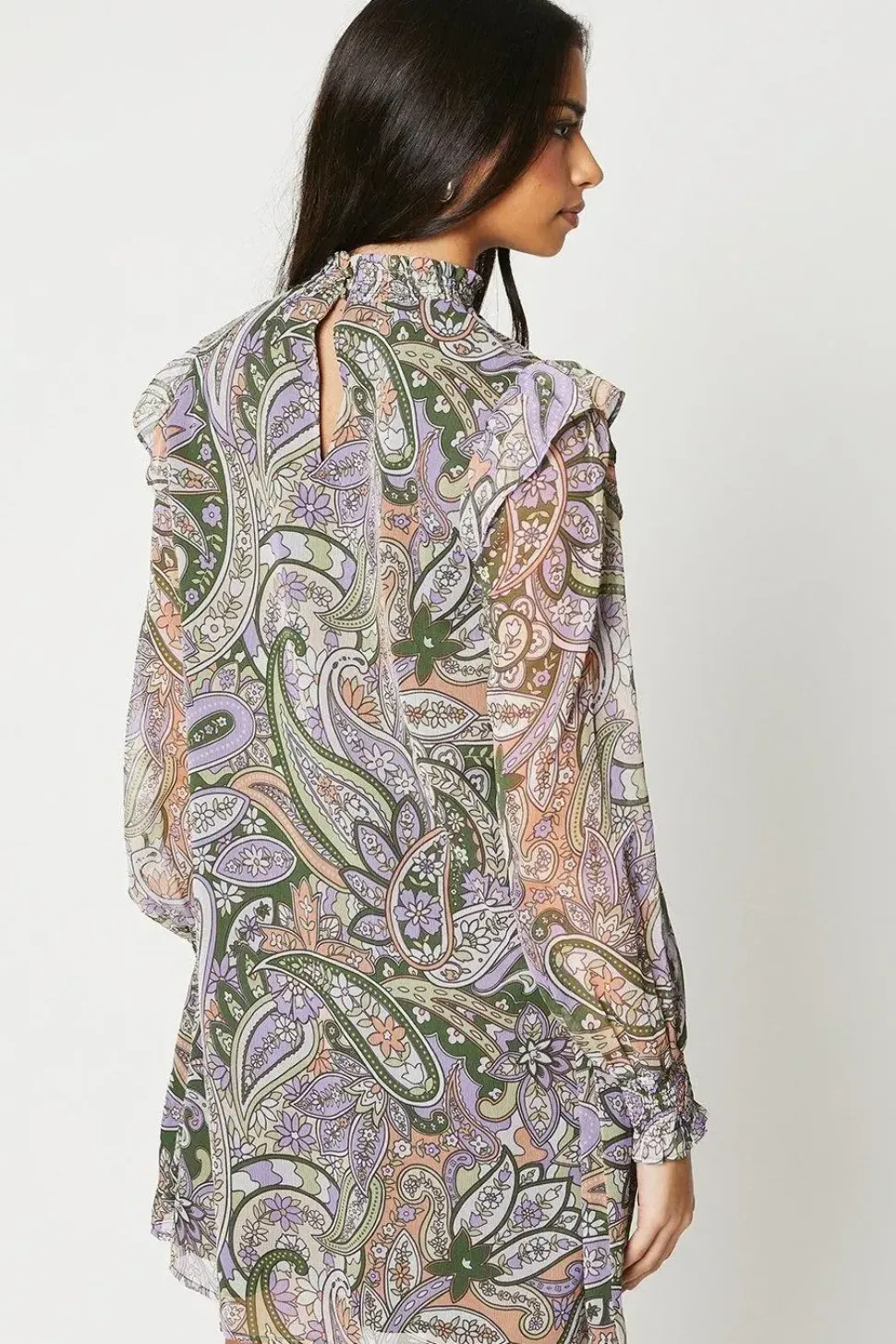 Soft Paisley Ruffle Shoulder Chiffon Mini Dress