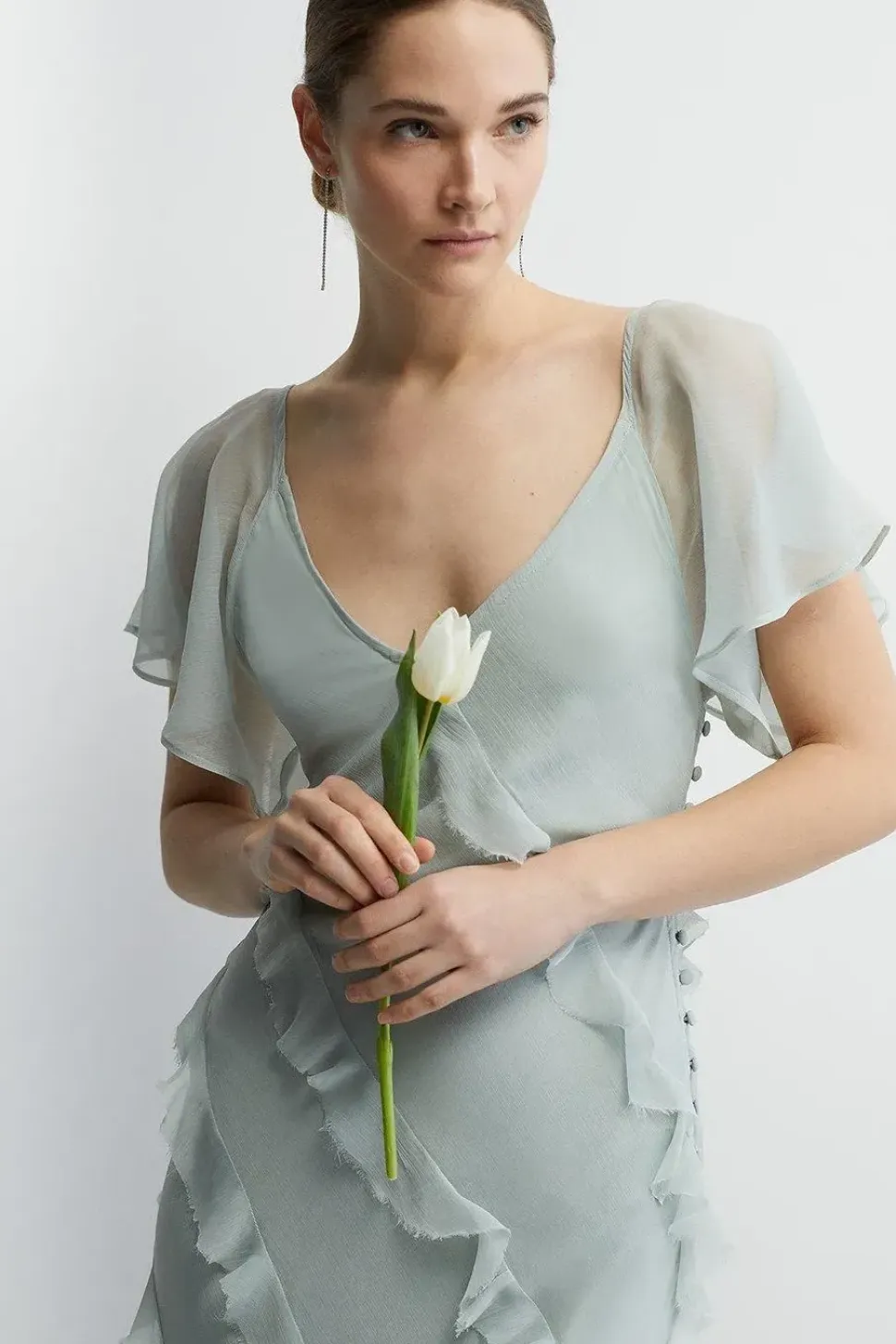 Soft Ruffle Chiffon Angel Sleeve Bridesmaids Dress