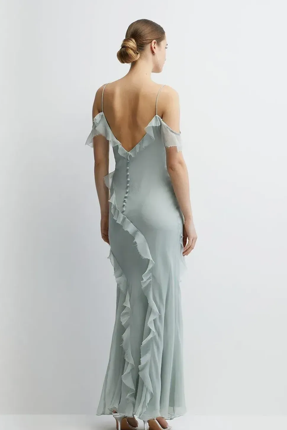 Soft Ruffle Chiffon Cold Shoulder Bridesmaids Dress