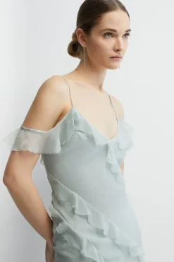 Soft Ruffle Chiffon Cold Shoulder Bridesmaids Dress