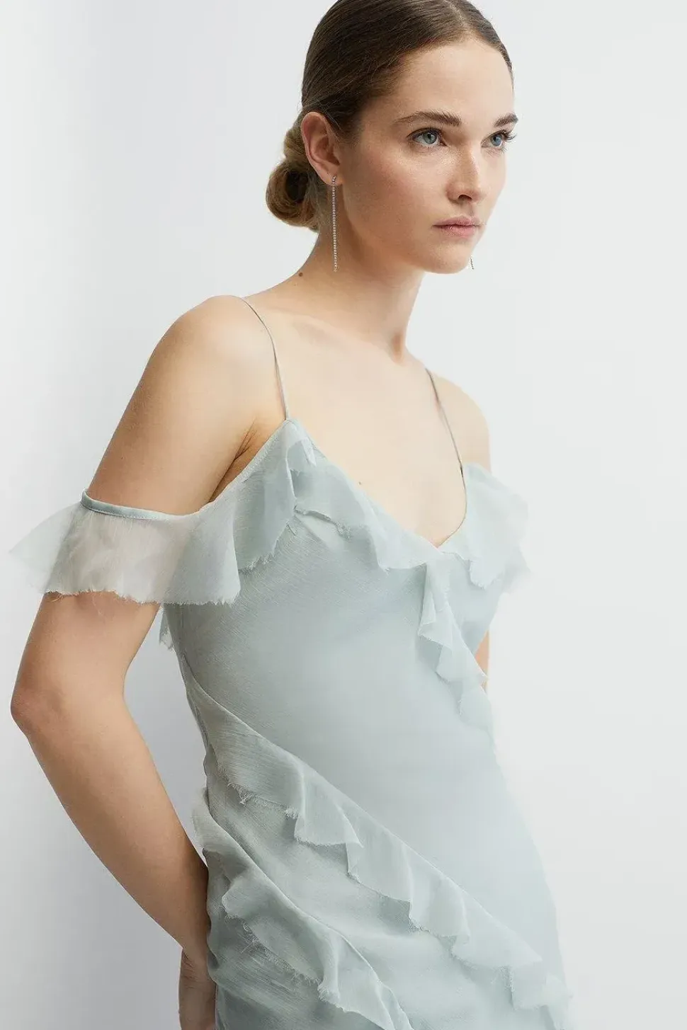 Soft Ruffle Chiffon Cold Shoulder Bridesmaids Dress