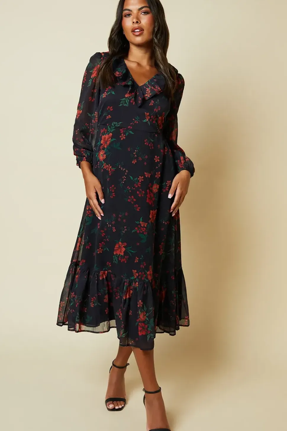Spaced Floral Chiffon Ruffle Neck Long Sleeve Midi Dress
