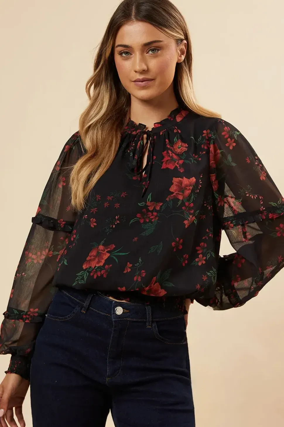 Spaced Floral Chiffon Ruffle Sleeve Shirred Hem Blouse