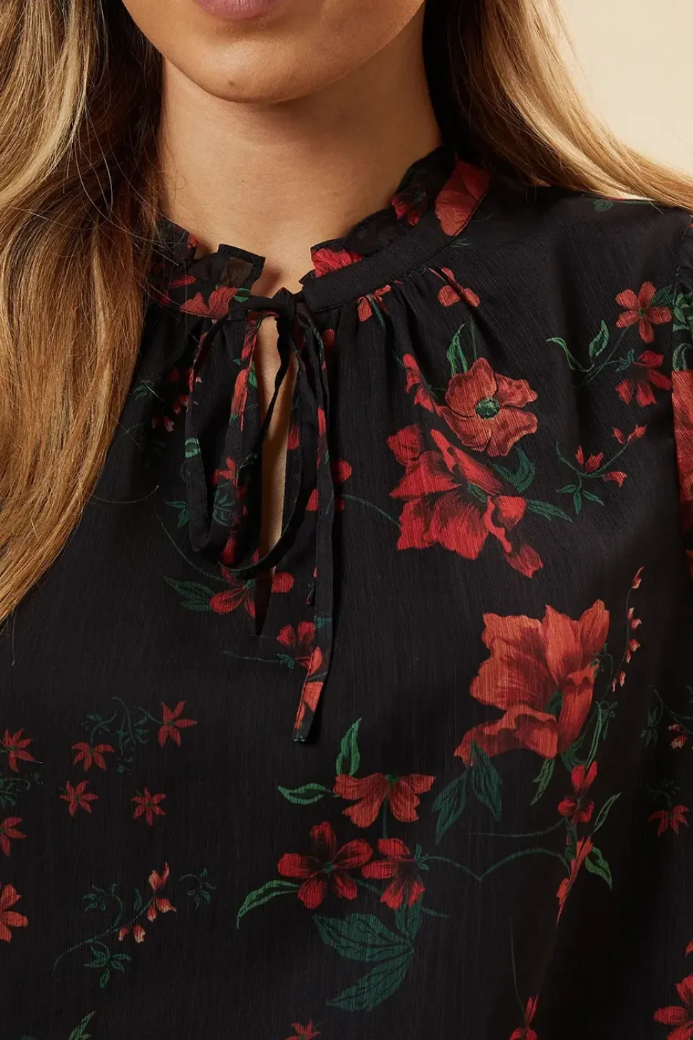 Spaced Floral Chiffon Ruffle Sleeve Shirred Hem Blouse