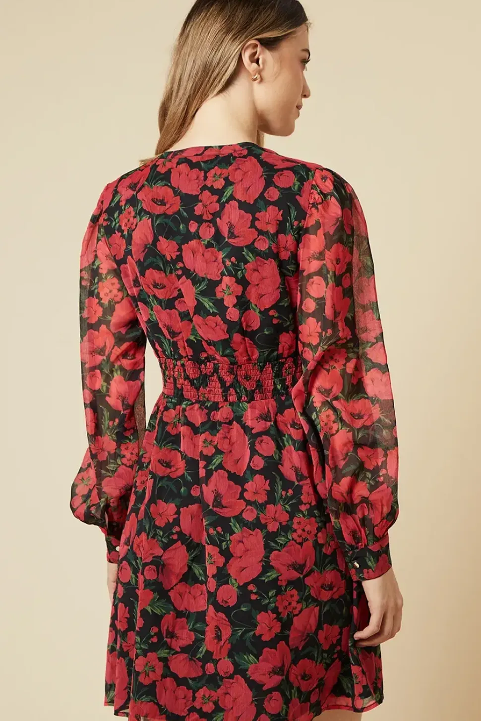 Spaced Floral Chiffon Shirred Waist Long Sleeve Mini Dress