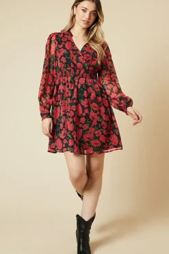 Spaced Floral Chiffon Shirred Waist Long Sleeve Mini Dress