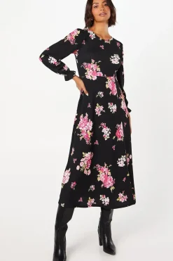 Spaced Floral Long Sleeve Midi Dress