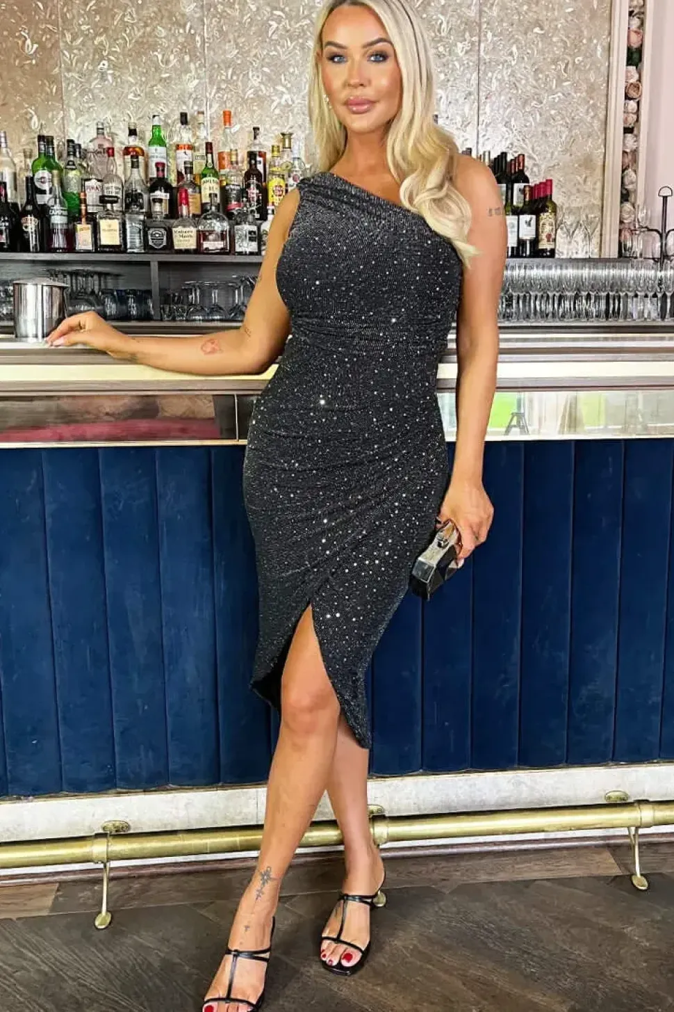 Sparkle and Sequin One Shoulder Draped Wrap Midi Dress