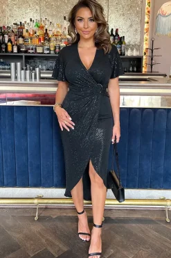 Sparkle and Sequin Short Sleeve Ring Detail Wrap Midi Dress