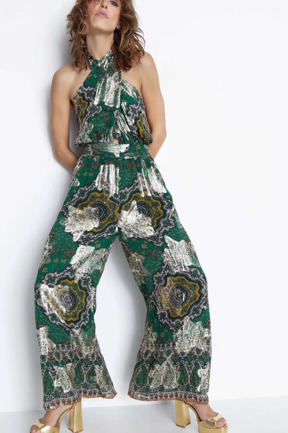 Sparkle Border Print Halter Neck Jumpsuit