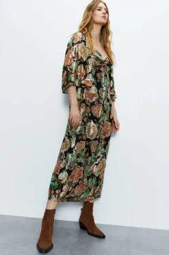 Sparkle Floral Jacquard Twist Neck Midi Dress