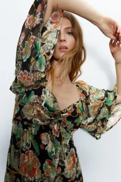 Sparkle Floral Jacquard Twist Neck Midi Dress