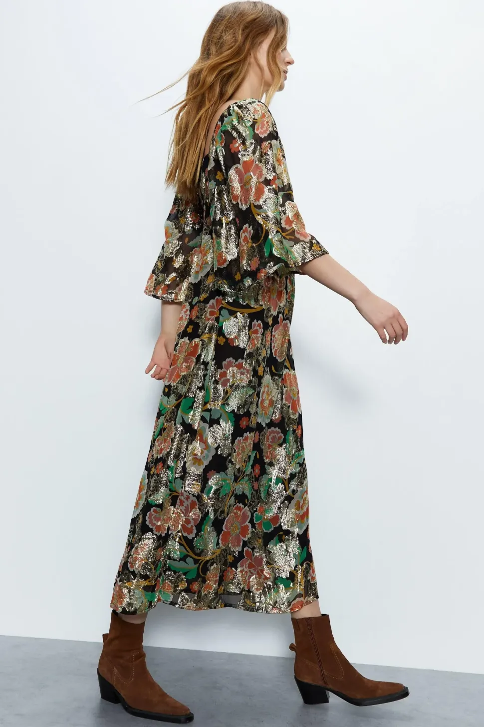 Sparkle Floral Jacquard Twist Neck Midi Dress