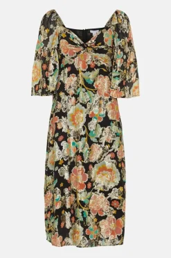 Sparkle Floral Jacquard Twist Neck Midi Dress