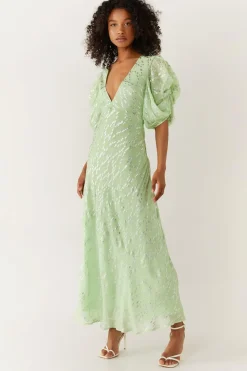 Sparkle Floral V Neck Puff Sleeve Midi Dress