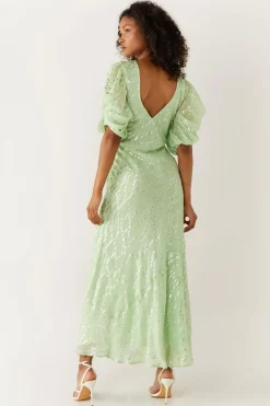 Sparkle Floral V Neck Puff Sleeve Midi Dress