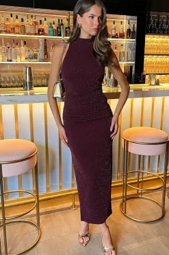 Sparkle Halter Neck Ruched Bodycon Midi Dress