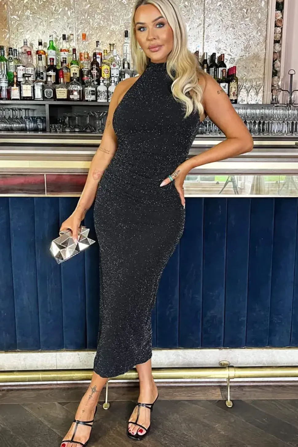 Sparkle Halter Neck Ruched Bodycon Midi Dress