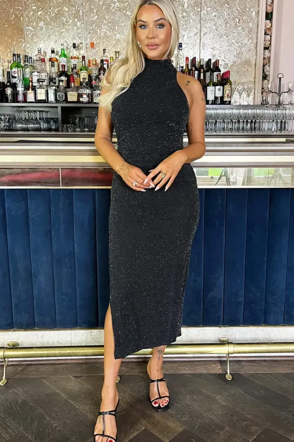Sparkle Halter Neck Ruched Bodycon Midi Dress