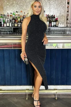 Sparkle Halter Neck Ruched Bodycon Midi Dress