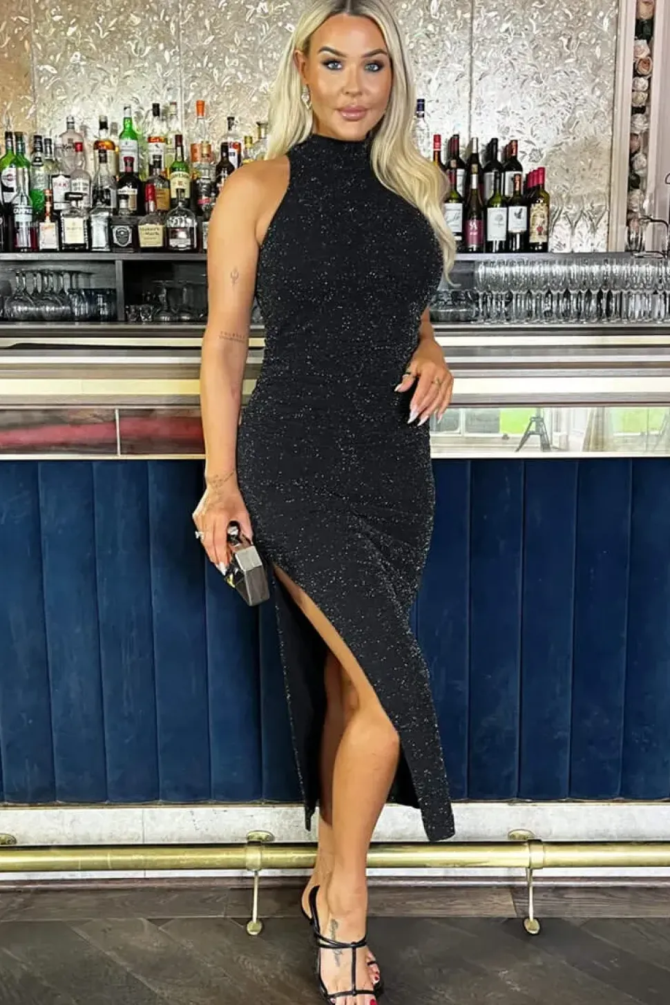 Sparkle Halter Neck Ruched Bodycon Midi Dress
