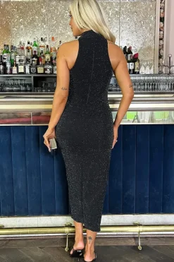 Sparkle Halter Neck Ruched Bodycon Midi Dress