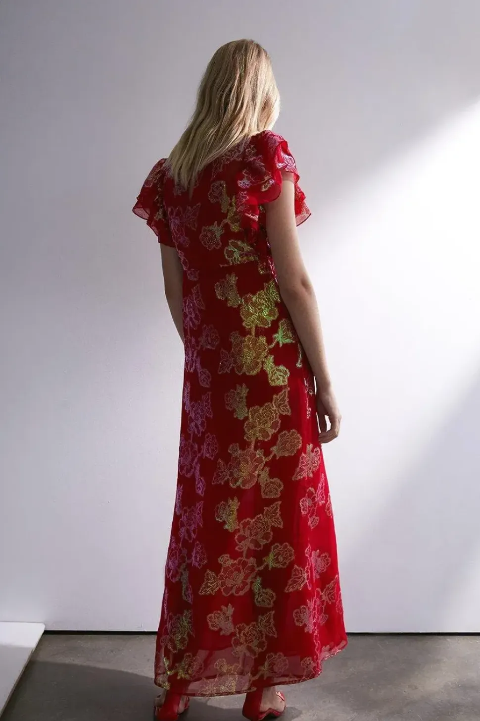 Sparkle Jacquard Ruffle V Neck Midi Dress