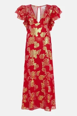 Sparkle Jacquard Ruffle V Neck Midi Dress