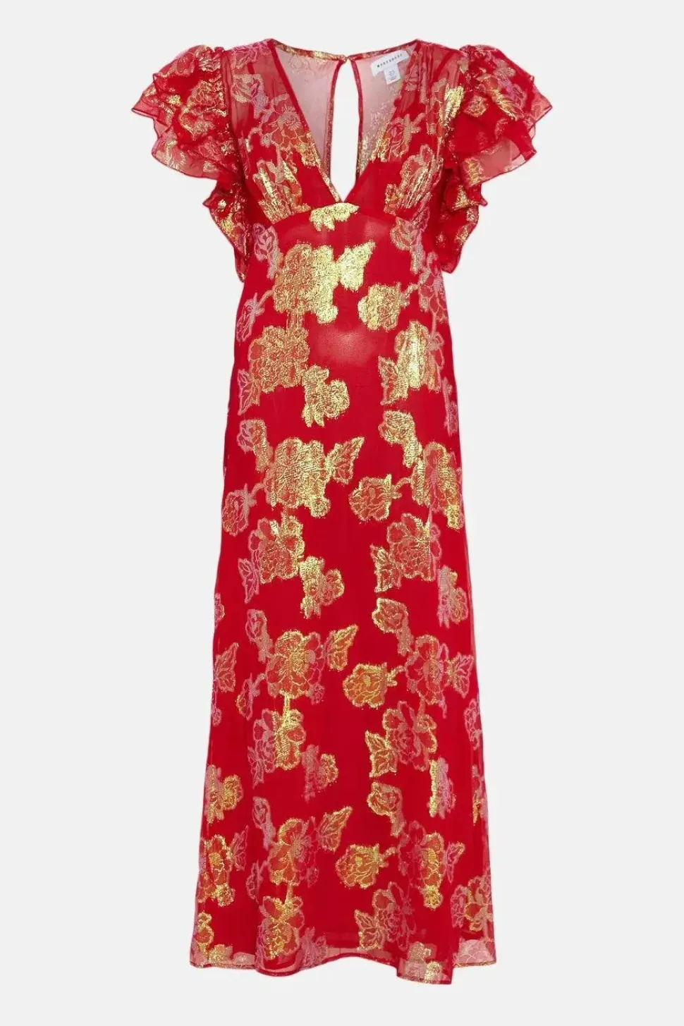 Sparkle Jacquard Ruffle V Neck Midi Dress