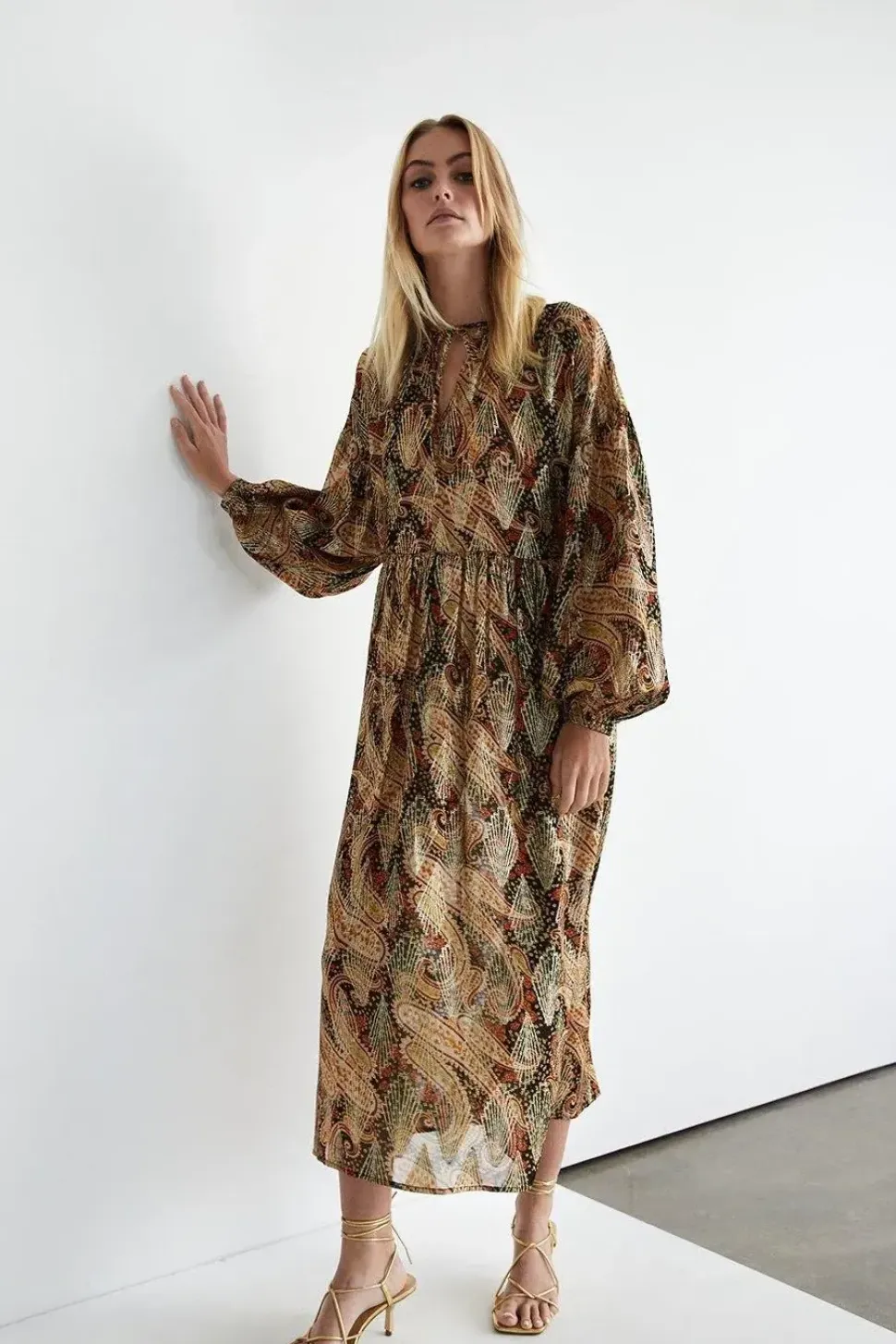 Sparkle Jacquard Tie Neck Midi Dress
