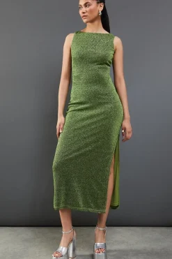 Sparkle Mesh Slash Neck Sleeveless Midi Dress