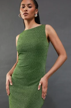 Sparkle Mesh Slash Neck Sleeveless Midi Dress