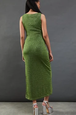 Sparkle Mesh Slash Neck Sleeveless Midi Dress