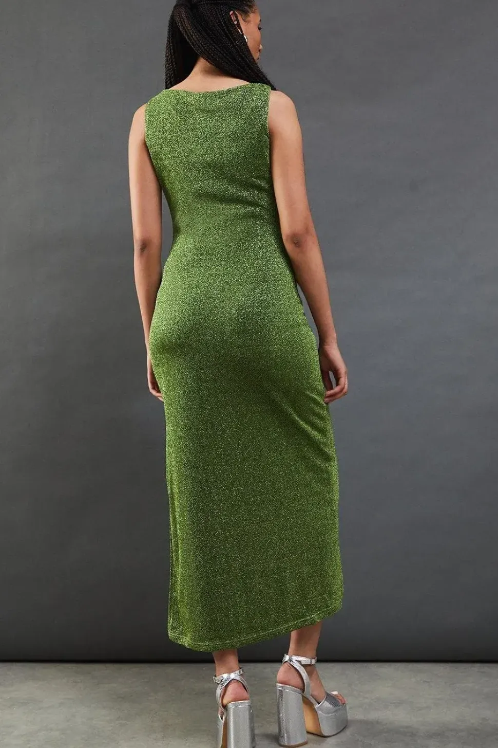 Sparkle Mesh Slash Neck Sleeveless Midi Dress