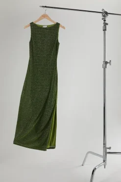 Sparkle Mesh Slash Neck Sleeveless Midi Dress