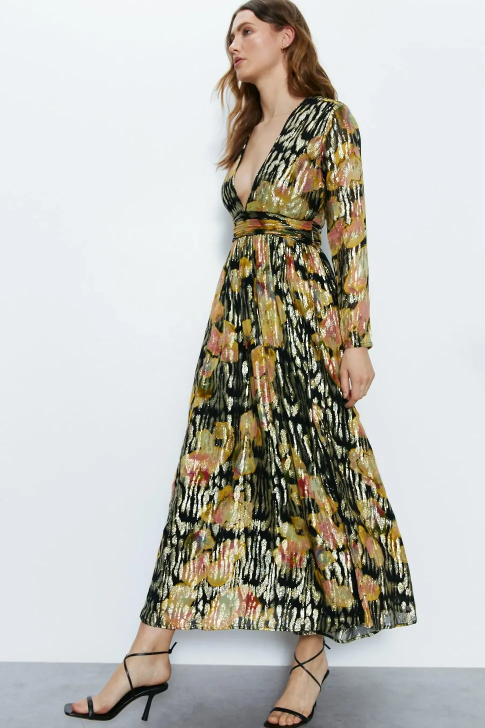 Sparkle Plunge Gathered Waist Maxi Dress