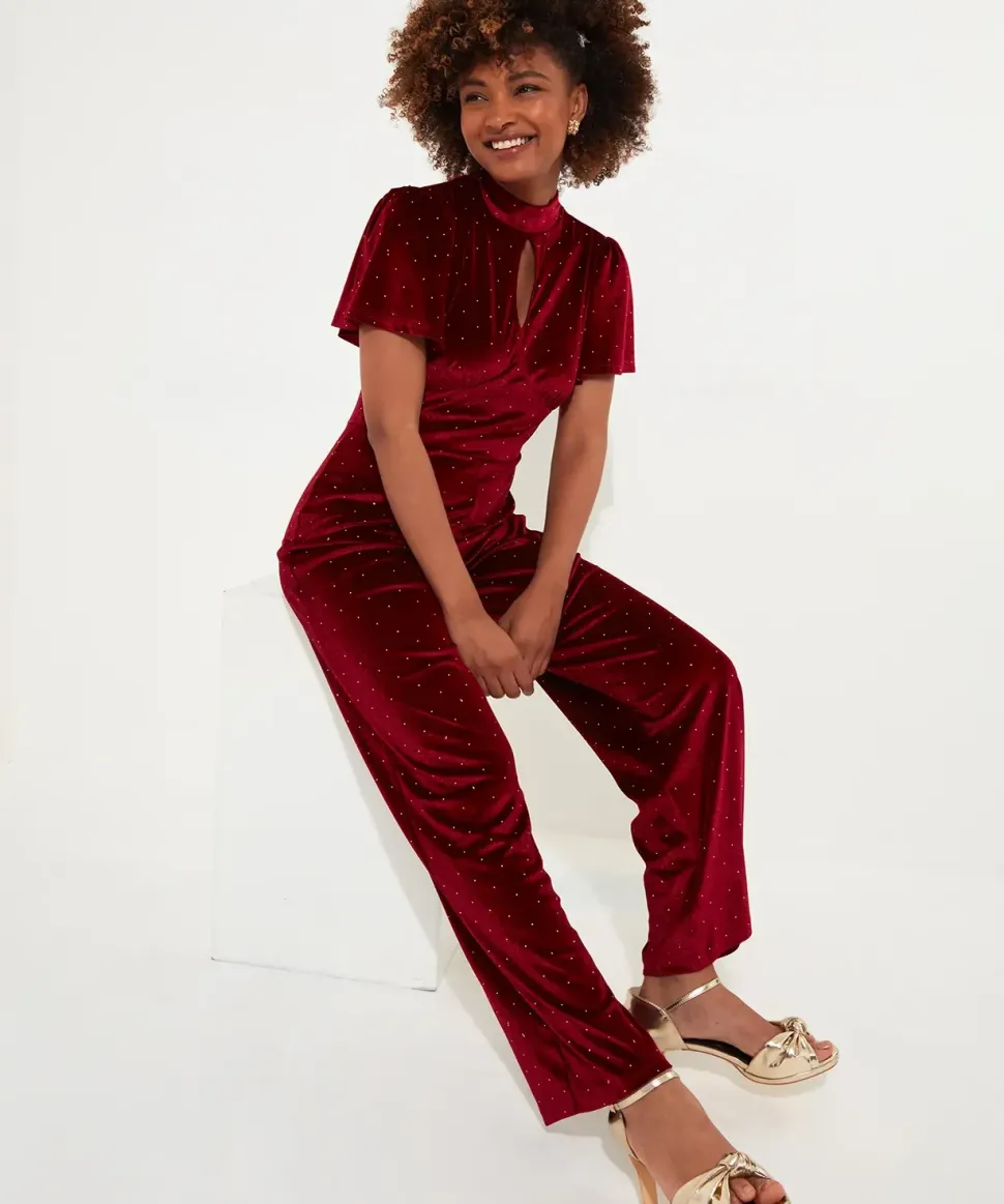 Sparkle Velour Flutter Sleeve Wide Leg Jumpsuit