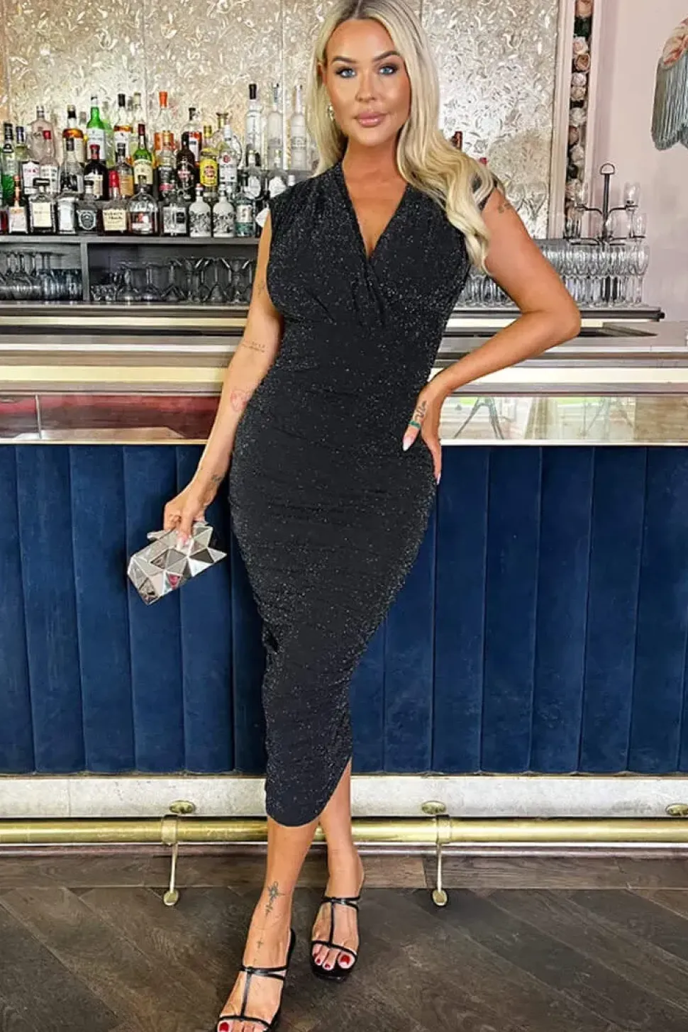 Sparkle Wrap Top Ruched Midi Dress