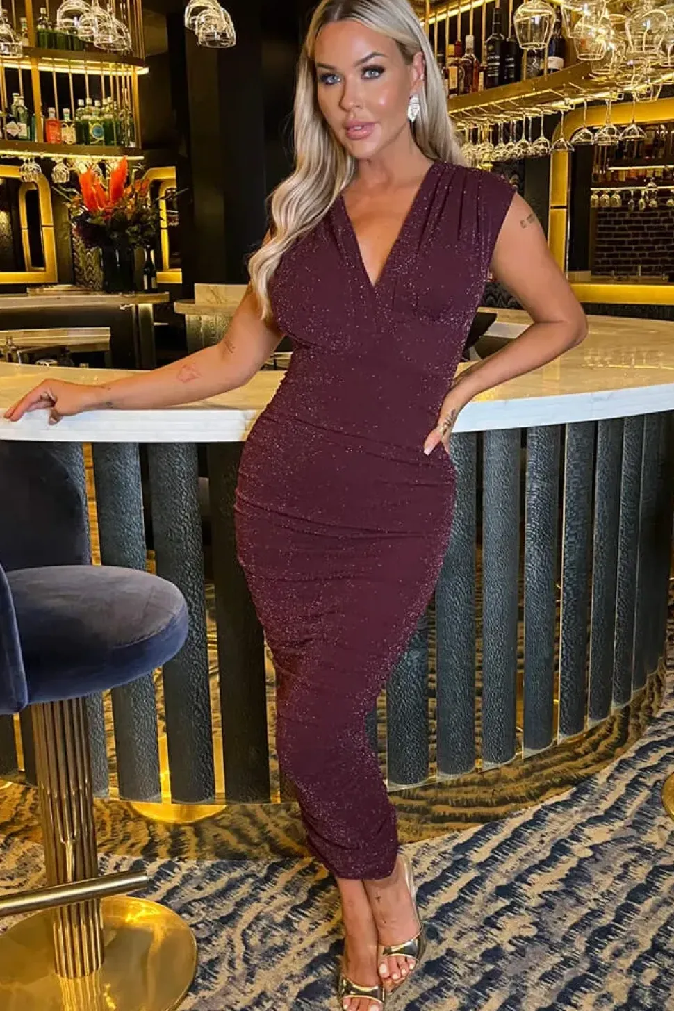 Sparkle Wrap Top Ruched Midi Dress