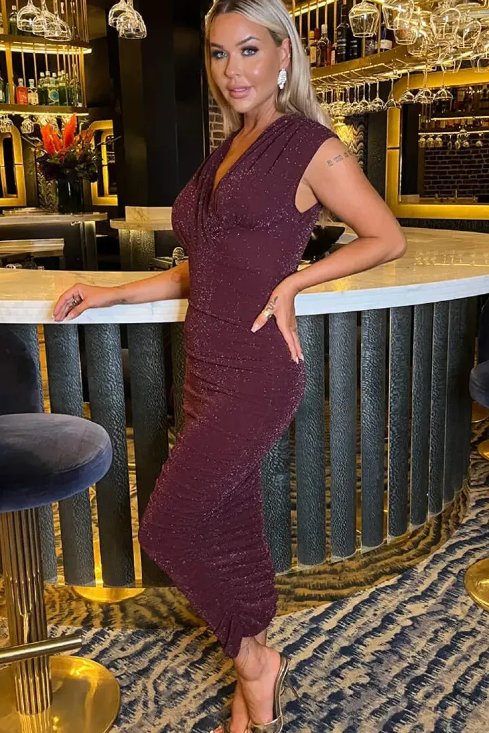 Sparkle Wrap Top Ruched Midi Dress