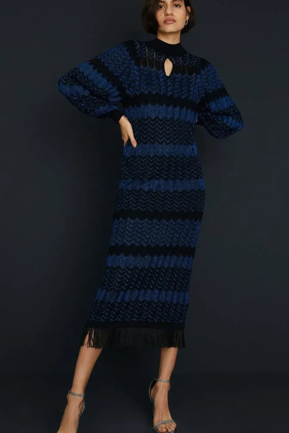 Sparkle Zig Zag Fringe Hem Midi Dress