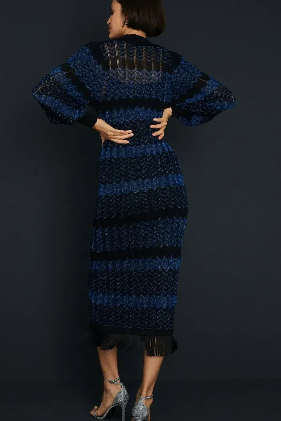 Sparkle Zig Zag Fringe Hem Midi Dress