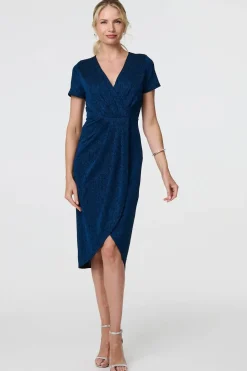 Sparkly Ruched Short Sleeve Midi Dress