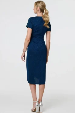 Sparkly Ruched Short Sleeve Midi Dress