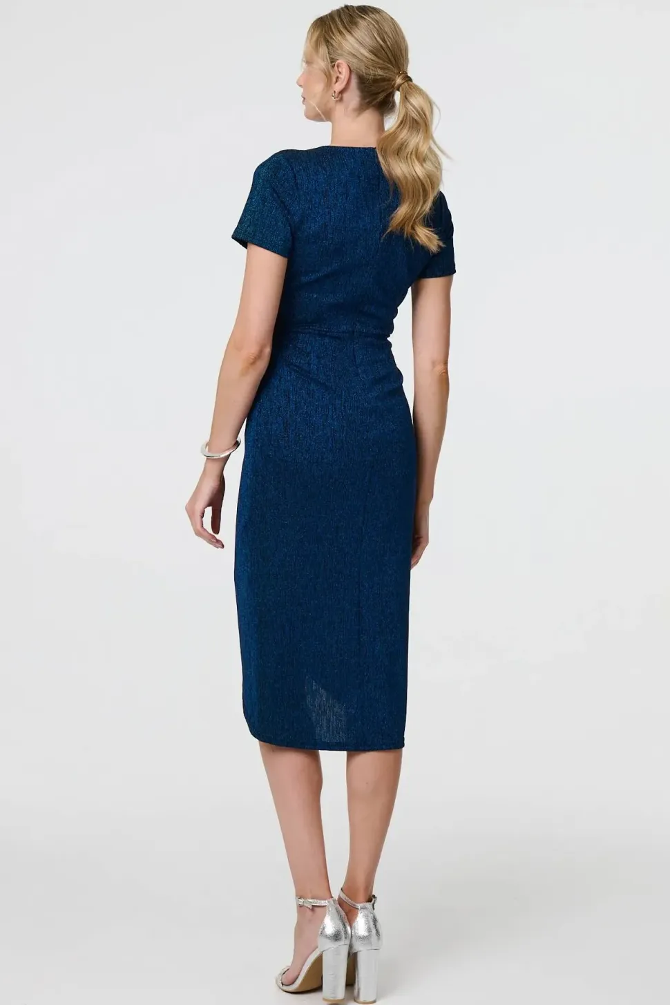 Sparkly Ruched Short Sleeve Midi Dress